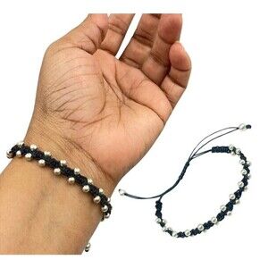 Braided Bracelet Black With Silver Beads and Sliding Closure